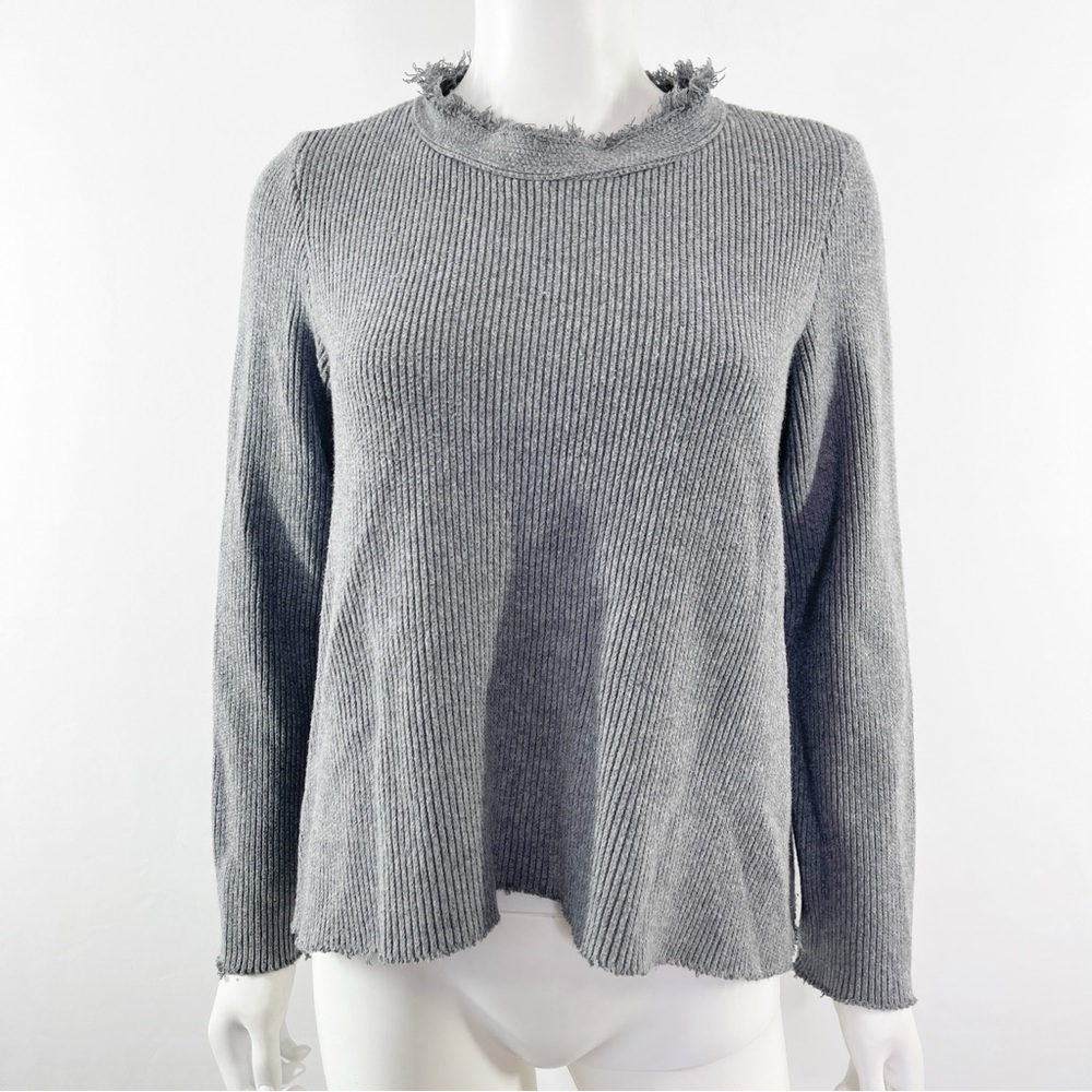 Veronique Miljkovitch Sweater Gray Knit Distressed Neck Size M Long Sleeve